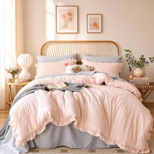 JANZAA Blush Pink Comforter Set Queen  Soft Microfiber, Lightweight All Season Bedding, Ruffle Shabby Chic Aesthetic, Breathable Cozy Bed Set with 2 Pillow Shams, Machine Washable