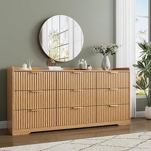 9-Drawer Fluted Chest of Drawers, 57.9" Wide Dresser for Boho Theme Bedroom, Modern Wood TV Stand Organizer for Living Room, Wooden Deep Drawer Chest with Metal Handle, Natural Oak