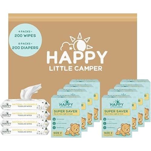 Happy Little Camper Ultra-Absorbent Super Saver Baby Diapers Size 2 - Hypoallergenic, Unscented & Chlorine-Free Disposable Diapers (200 Count) Come with Flushable Wipes (200 Count) for Sensitive Skin