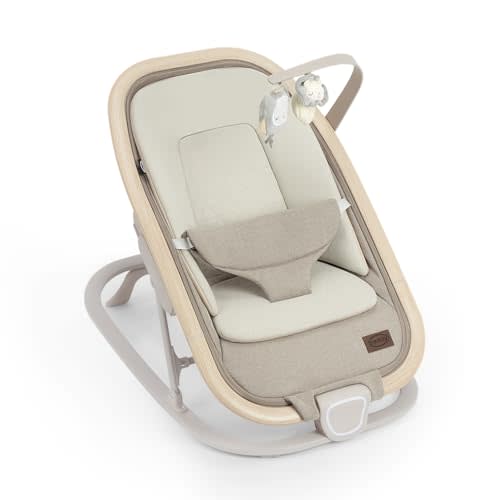 IKOMZY Noah 2-in-1 Baby Bouncer Seat, Portable Baby Rocker Chair for Infants 0-9 Months, One-Hand Recline, Newborn Cushion, Plush Toys, Oat Beige