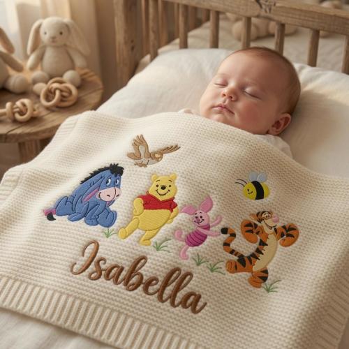 Personalized Embroidered Winnie The Pooh Baby Blanket, Custom Name Knit Disneyland Blankets, Baby Shower Gift, Welcome Baby Blanket