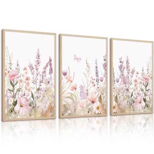 Nursery Girl Floral Wall Art Watercolor Wildflower Canvas Wall Decor Pruple Pink Flower Pictures Nursery Floral Art Prints Girl Room Wildflower Poster for Bedroom Bathroom 12x16 Inch Unframed Set of 3
