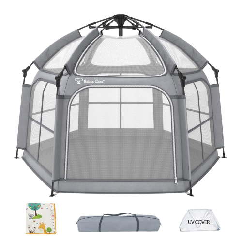 Baby Playpen with Canopy - Instant Pop-Up Portable Play Yard with Mat for Infants & Toddlers, Lightweight Foldable Indoor Outdoor Playpen Tent for Beach Camping Travel, Includes Carry Bag & Anchors