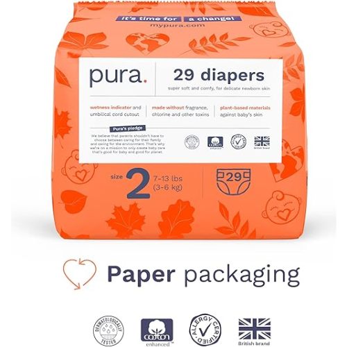 Pura Hypoallergenic Diapers, Size 2 (7-13 lbs) Totally Chlorine Free, Wetness Indicator, Suitable for Sensitive Skin, Soft Organic Cotton, Overnight, 3 Packs of 29 (87 Baby Diapers)