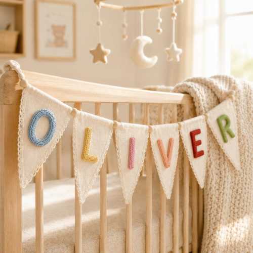 Handwoven Cotton Yarn Baby Name Garland, Nursery Banner, Baby Shower Heirloom Keepsake, Baby Canvas Banner, Nursery Decor, Baby Shower Gift