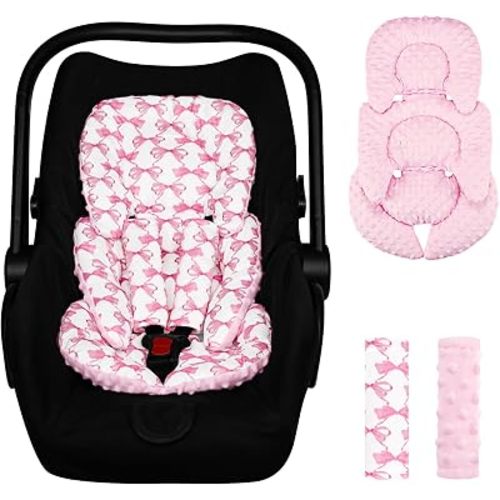 Infant Car Seat Insert, Baby Car Seat Head Support with Straps Pads, Ultra Soft Reversible Preemie Carseat Insert Cushion for Girls Boys, Fit Car Seat, Stroller, Swing, Bouncer, Pink Bow