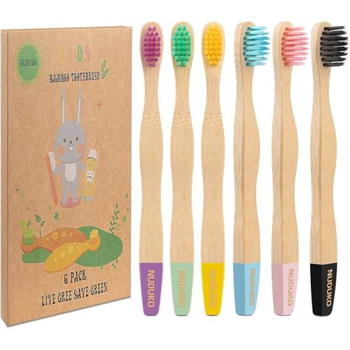NUDUKO Kids Toothbrush Bamboo Toothbrushes 6 Pack - Organic Compostable Tooth Brush Wooden Baby Toddler Toothbrush, Eco-Friendly Natural Biodegradable Soft Bristle Toothbrush for Children