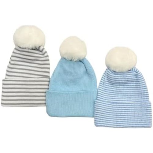 Nurses Choice Newborn Baby Boy & Girl 3 Piece Knit Hat Set with Pom Pom