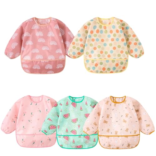 Long Sleeved Bibs,5 PCS Waterproof Wearable Bibs with Sleeves,Baby Feeding Smock 6-30 Months