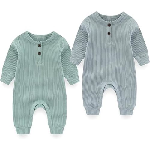 Baby Boy Girl Romper 2 Pack Long Sleeve Button Jumpsuit Cotton Unisex Infant Baby Clothes for 0-24 Months