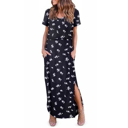 Ekouaer Women's Nursing Dress Summer V Neck Short Sleeve Maternity Split Long Dresses for Breastfeeding with Pockets S-XXL