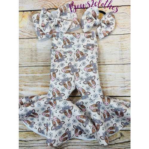 Floral Cow Bell Bottoms and Bow Set: Baby Girl Outfit