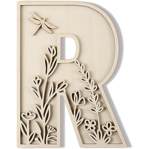 Layered 12 Inch Large Wooden Letters for Wall Decor, Flowered Paintable Wooden Nursery Letters for Crafts Wood Alphabet Letter R for Birthday Boho Nursery Name Sign Wedding Home Decoration