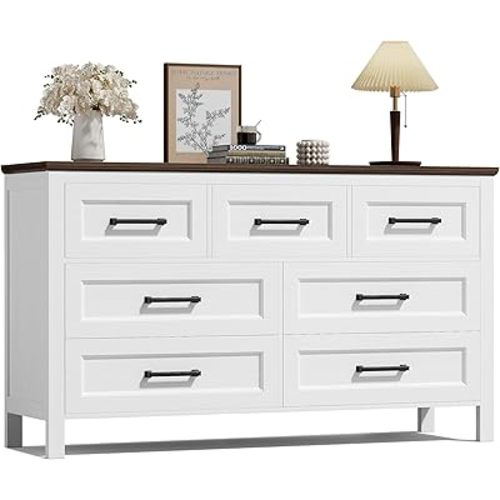 JUMMICO White Dresser for Bedroom,Wooden 7 Drawer Dresser for Nursery,Chest of Drawers for Bedroom, Closet Storage Organizer for Living Room, Hallway, Closet (Brown&White)