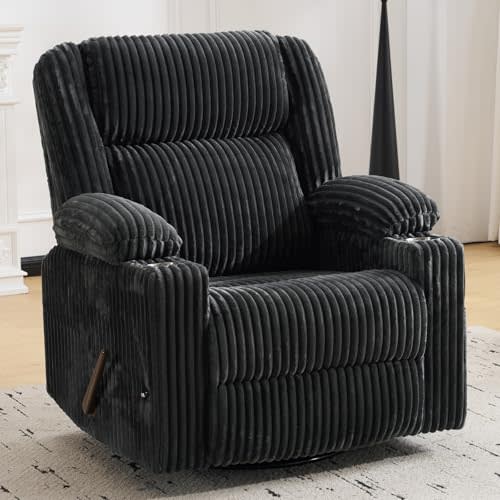 Manual Recliner Chair with Adjustable Headrest, Oversized Swivel Rocker Recliner for Adults with Arm Storage, Nursery Glider Recliner with Phone Stand and Side Pockets for Living Room, Dark Grey