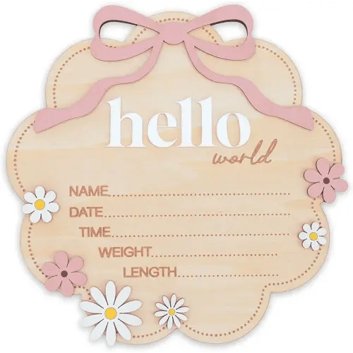 Hello World Wooden Baby Birth Announcement Sign with Pink Bow, Cloud Shape Floral Newborn Name Date Time Weight Length Board, Baby Girl Nursery Photo Prop (Light Pink)