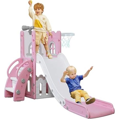 LulliSpace 6 in 1 Toddler Slide,Kids Climber Slider for Indoor Outdoor Playground with Basketball Hoop,Storage and Telescope,L Shaped Slide for Toddler Climber Playset