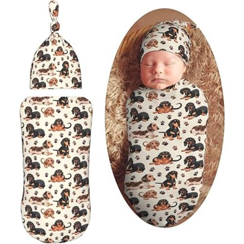 Muishi Dachshund Dogs and Paws Newborn Swaddle Blankets Hat Sets Soft Baby Receiving Blanket Swaddle Sack for Baby Shower Infant Boy Girl Gift