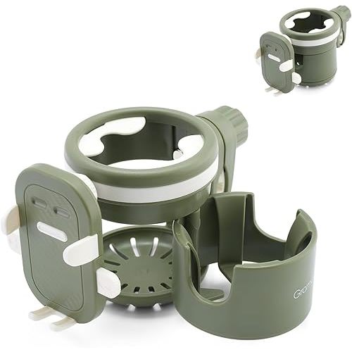 Gromast Universal Stroller Cup Holder with Phone Holder, 3-in-1 Detachable Drink Holder 360° Rotatable, Adjustable Cup Holder for Baby Stroller, Tricycle - Green