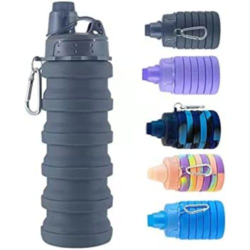 Collapsible Water Bottle Travel Water Bottle Portable Hiking Water Bottle with Leak proof Twist Cap 500ML Reusable BPA Free Silicone Water Bottles (Style1, Black)