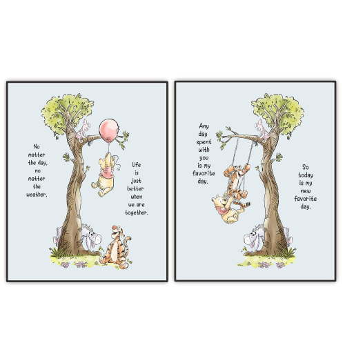Winnie with Friends Print, Nursery Room Decor, Winnie The Pooh Wall Art, A. A. Milne Quote Poster, Boys Girls Baby Nursery Bedroom Decor, Set of 2 (Unframed 8"x10")