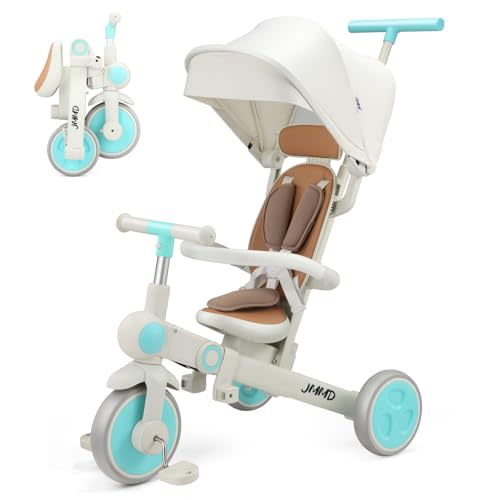 JMMD Baby Tricycle, 7-in-1 Multifunctional Kids Trike with Adjustable Parent Handle, Safety Harness & Wheel Brakes, Removable Canopy, Stroll Trike for Boys & Girls Ages 18 Months-5 Years, Mint