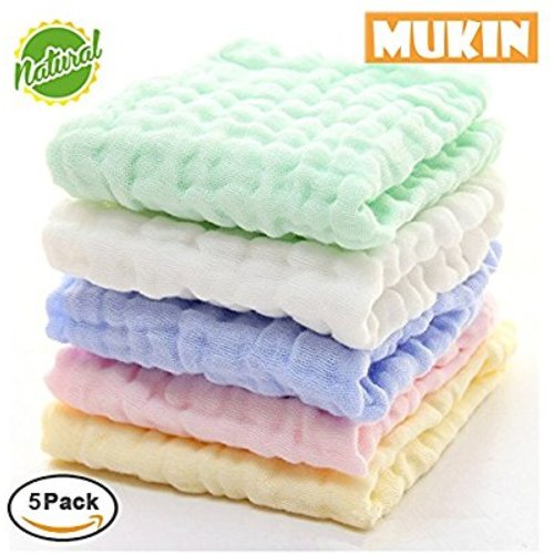 Baby Muslin Washcloths - Natural Muslin Cotton Baby Wipes - Soft Newborn Baby Face Towel and Muslin Washcloth for Sensitive Skin- Baby Registry as Shower Gift, 5 Pack 10x10 inches By MUKIN