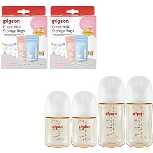 Pigeon PPSU Nursing Baby Bottle Wide Neck(Pack of 4), 5.4Oz and 8.1Oz, with Disposable Breast Milk Storage Bag(50 Pcs, 6Oz), Essential Products for Breastfeeding Mothers
