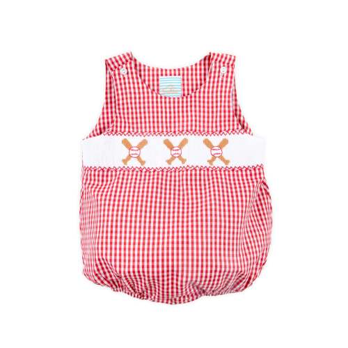 Baseball Smocked Red Plaid Sun Bubble