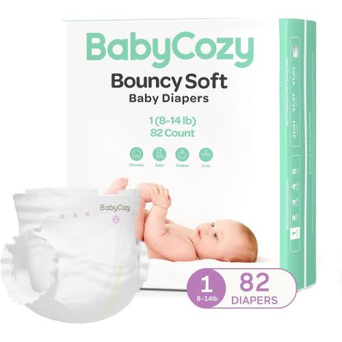 Babycozy Boucy Newborn Diapers for Sensitive Skin, Hypoallergenic Disposable Plain White Diapers Without Chlorine, Soft Diaper for Baby& Infant& Preemie, Size 1(8-14lb) 82 Count