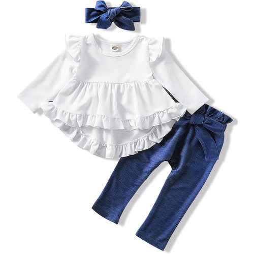 Infant Toddler Baby Girls Clothes Fall Winter Gift Ruffles Shirt Tops + Denim Long Pants+ Headband Gift 3PC Outfits for Girl
