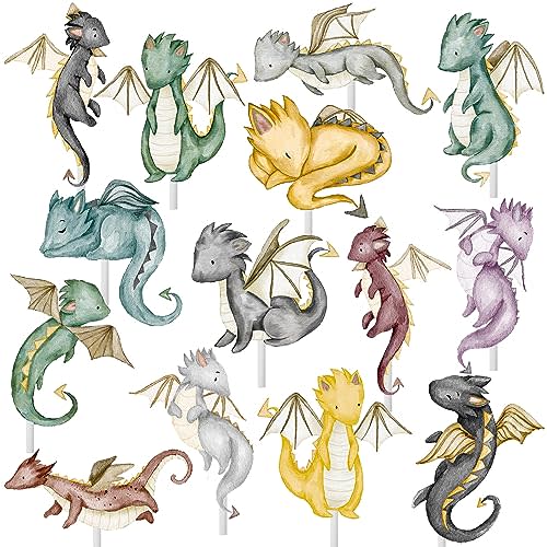 Dragon Party Cupcake Toppers 36Pcs Dragon Theme Cupcake Picks Dragon Birthday Party Decoration Fantasy Dragon Cake Decorations for Flying Dragon Baby Shower Supplies