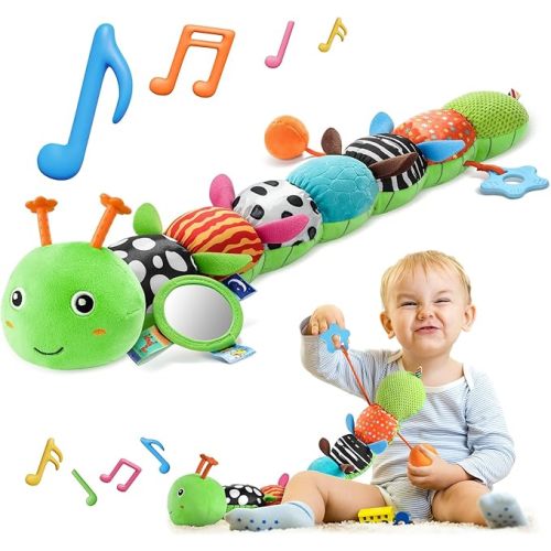 HEMRLY Baby Sensory Toy 0-6 Months, Musical Stuffed Caterpillar Plush with Teether, Crinkle, Rattle, Baby Mirror for Tummy Time, Infant Car Seat Toy for 0-3-6-12 Month Boys Girls Gifts - Winged Green