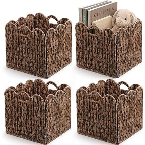 Set of 4 Foldable Scalloped Wicker Storage Cubes Basket, Storage Cube Bins -12"x12"x12", Collapsible Cube Organizers, Water Hyacinth Woven Bins for Bathroom, Bedroom, Shelves,...(Espresso Color)