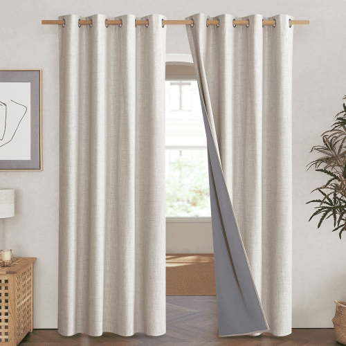 NICETOWN Full Blackout Linen Curtains, Room Darkening Grommet Noise Reducing Drapes for Bedroom Living Room, 52"x 84", Brich, 2 Panels