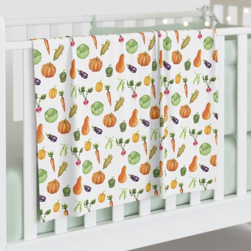 Veg Pattern Baby Swaddle Blanket | Vegetable Pattern | Baby Shower Gift | Nursery Decor | White/Green/Orange | Toddler | Infant Bedding