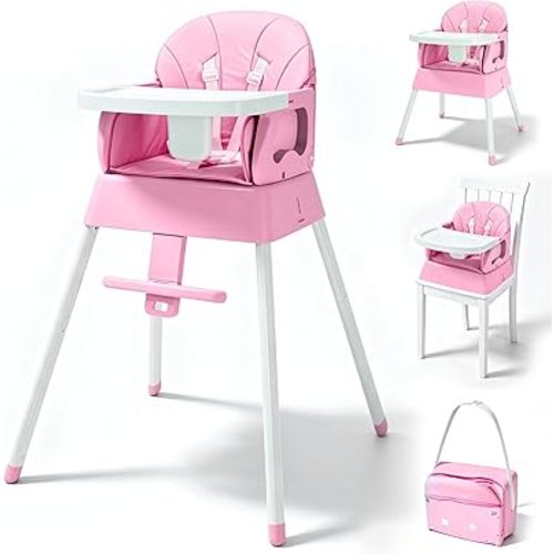 5 in 1 Foldable Baby High Chair,Convertible Highchair for Babies and Toddlers-Portable Infant Booster Seat,Carry Small Box,Dining Chair,Toddler High Chair with 5-Point Harness,Removable Tray-Pink