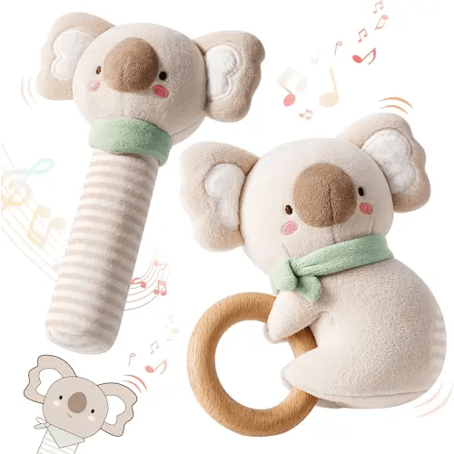 Evoceler 2 PCS Koala Rattles & Shaker Toys with Embroidered Details, Wooden Teething Ring Baby Toys, BPA-Free Sensory Toys for 0-3-6-12 Months, Squeaky Infant Toy, Ideal Baby Shower Boy Girl Gift