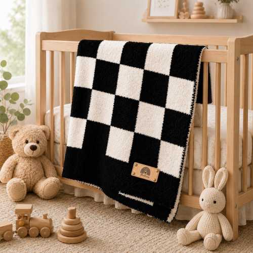 Personalized Baby Blanket, Black White Checkered Sherpa Blanket with Custom Leather Name Tag, Nursery Gift, Crib Throw, Baby Shower Gifts