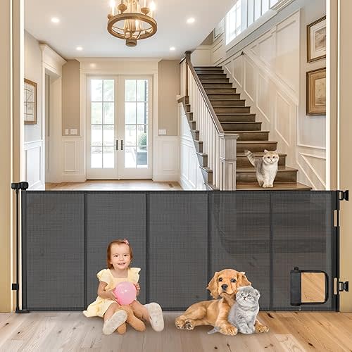 Reinforced 90” Extra Wide Retractable Pet Gate with Cat Door 33 Inch Tall Mesh Baby Gate Retractable Dog Gates for Doorways Extra Wide Baby Gates for Large Openings with Reinforced Strips, Black