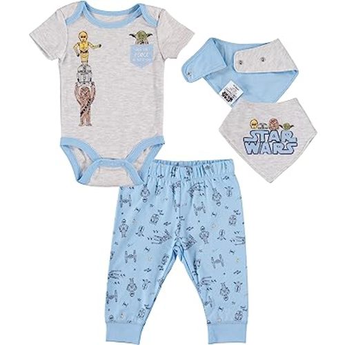 STAR WARS Baby Yoda Boys' 3 Piece Short Sleeve Bodysuit Pull-on Pants and Accessory