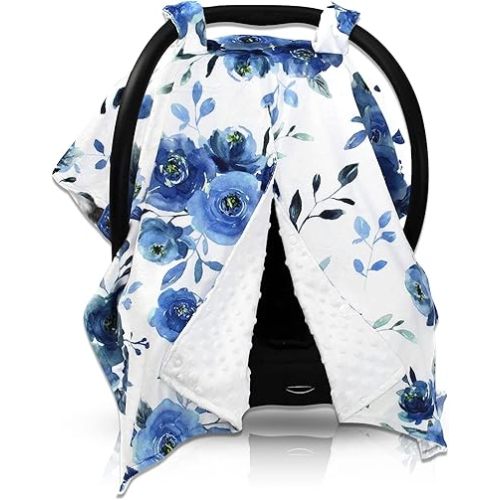 Dear Baby Gear Car Seat Cover for Boys & Girls - Baby Carseat Canopy w/Snap Opening - Infant Seat Cover - Stroller & Nursing Covers - Newborn Carrier Canopy - 40x30"(Blue Watercolor Roses, White Dot)