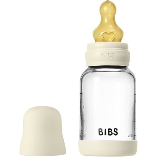 BIBS Baby Glass Bottle. 4 US fl oz / 120 ml. Anti-Colic. Vented Round Natural Rubber Latex Nipple. Supports Natural Breastfeeding, Slow Flow, Complete Set - Ivory