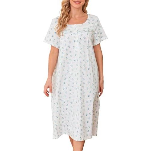 Bloggerlove Nightgowns for Women Soft 100% Cotton House Dress Short/Long Sleeve Night Gowns Comfy Sleepwear S-3XL