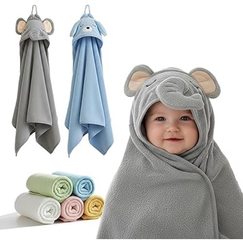 Baby Bath Towels for Infants Toddlers, 2 PCS Animal Hooded Baby Towels & 5 PCS Washcloths Set, Ultra Absorbent Soft Cute Newborn Bath Essentials Gifts for Boys & Girls, Blue & Grey