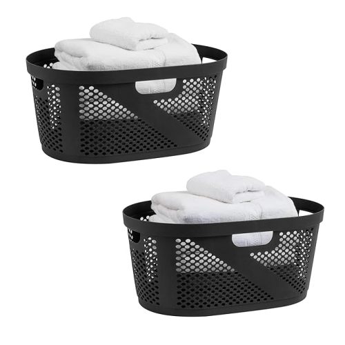 Mind Reader 40L Laundry Basket, Clothes Hamper, Premium Wicker Design, Plastic, Set of 2, Black