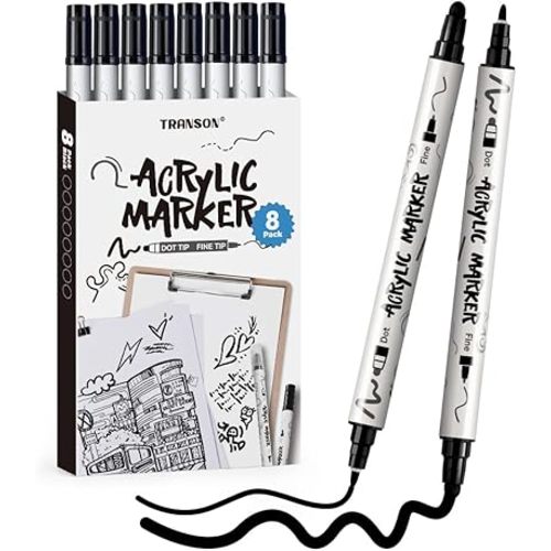 TRANSON 8 Pack Black Bold and Fine Dual-tip Acrylic Paint Marker for DIY Glass Canvas Wood Leather Ceramic Rock Painting