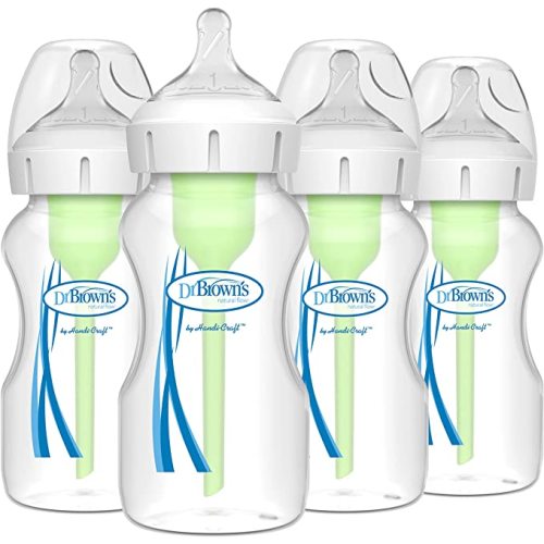 Dr. Brown’s Natural Flow Anti-Colic Options+ Wide-Neck Baby Bottles 9 oz/270 mL, with Level 1 Slow Flow Nipple, 4 Pack, 0m+