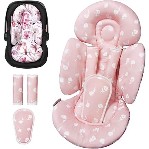 Newborn Car Seat Insert, Head and Body Support, Reversible Infant Insert Compatible with Baby Carseat, Stroller, Mamaroo Swing, Rocker, Bouncer. Baby Car Seat Cushion - Pink Floral
