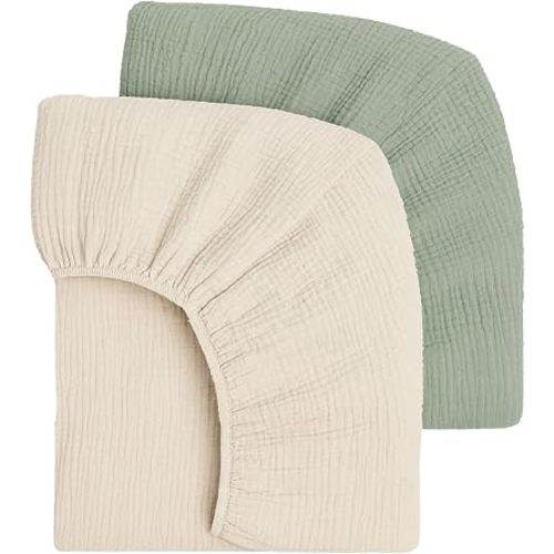 Mère & Moi: Muslin Fitted Crib Sheets: 2 Pack - Dark Green & Cream - 28x52", 100% Cotton, Oeko-TEX, Soft & Breathable, Baby & Toddler Mattress Bedding